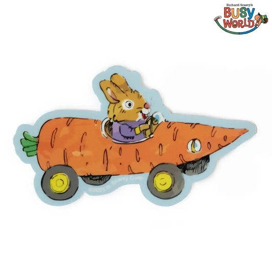 Richard Scarry carrot car sticker: a rabbit driving a car shaped like a carrot