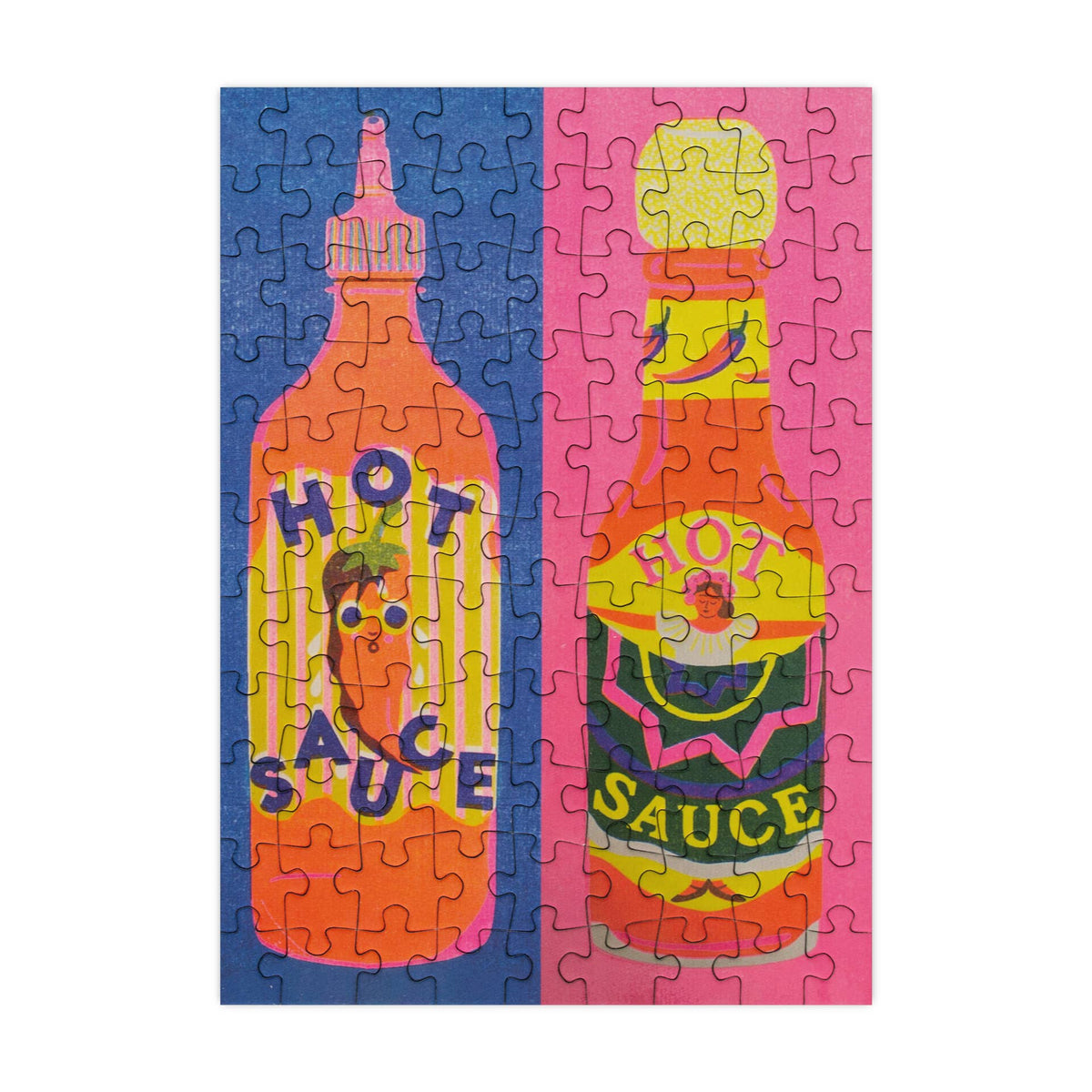 Completed Hot Sauce jigsaw with two sauce bottles