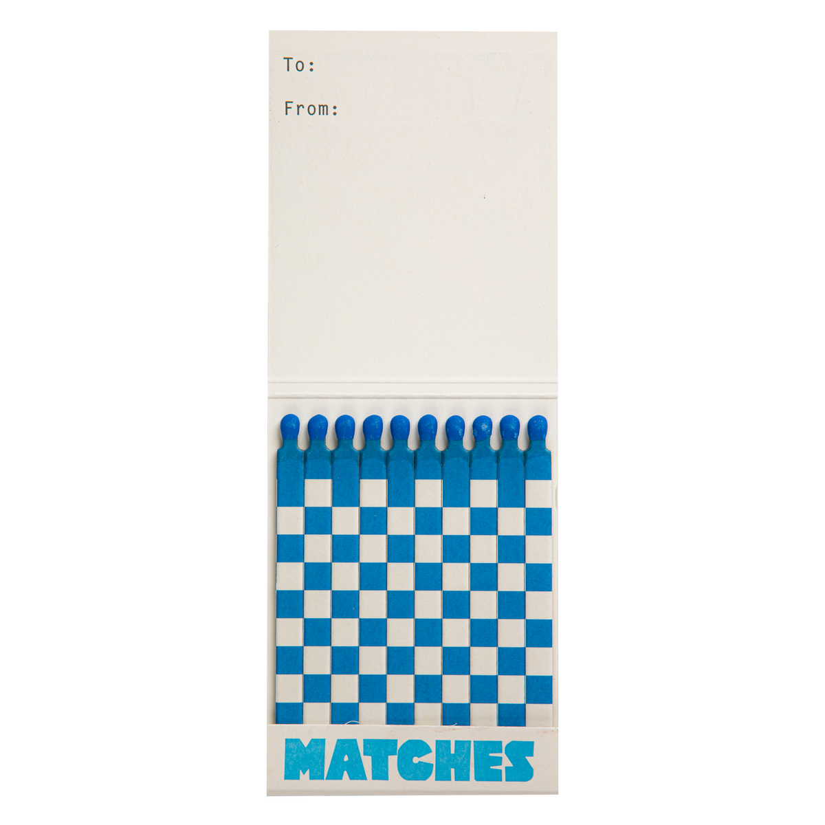 Inside the Paris match book with blue and white matches and a To/From space