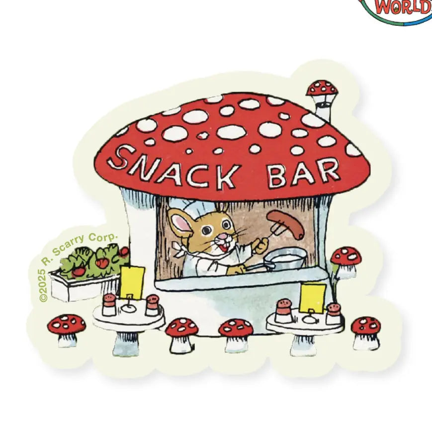 Richard Scarry Snack Bar sticker: a mouse cooking sausages in a toadstool-shaped snack bar