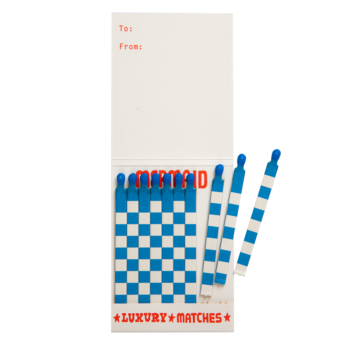 Mermaid match book open with a few blue and white matches pulled out