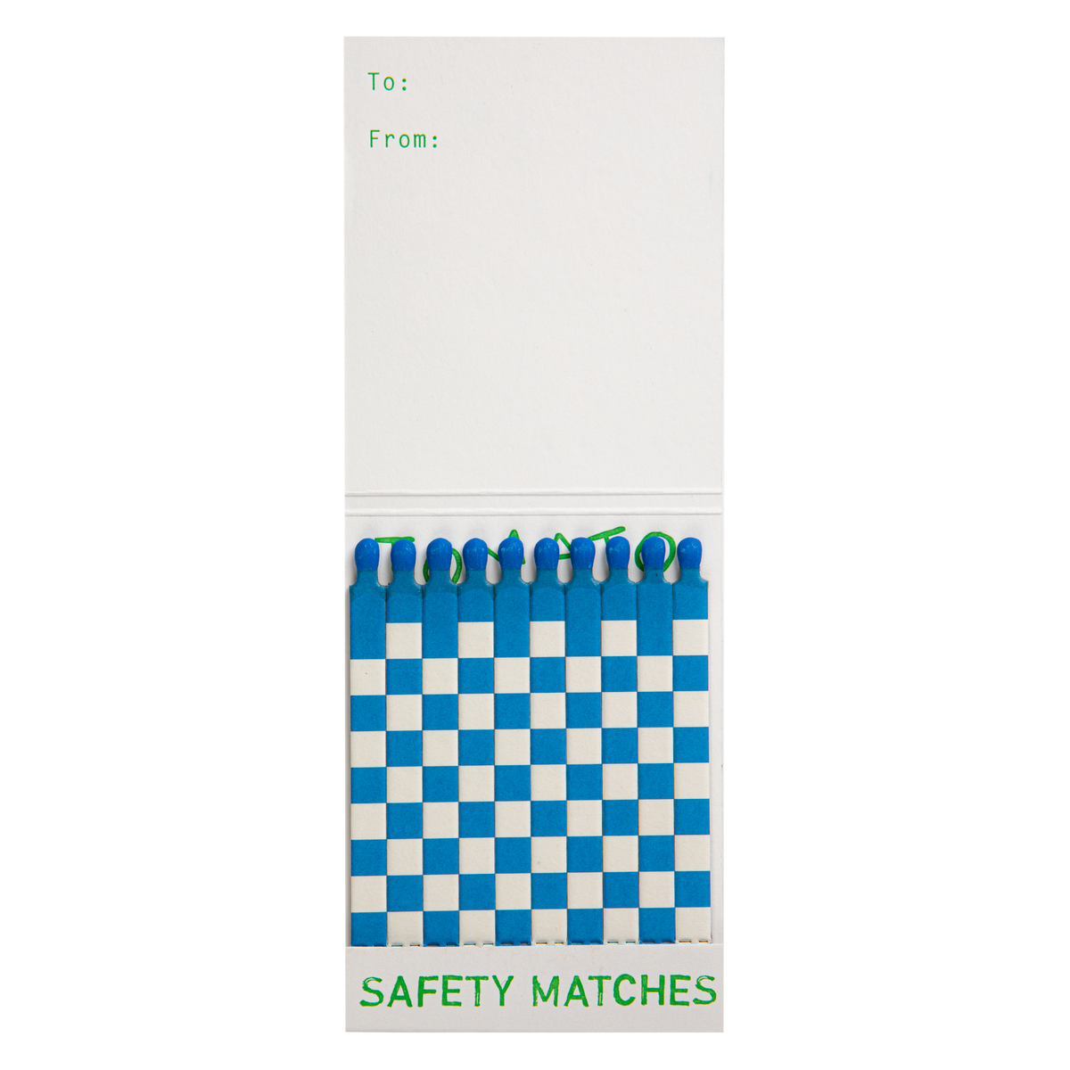Tomato match book open with a few blue and white matches pulled out