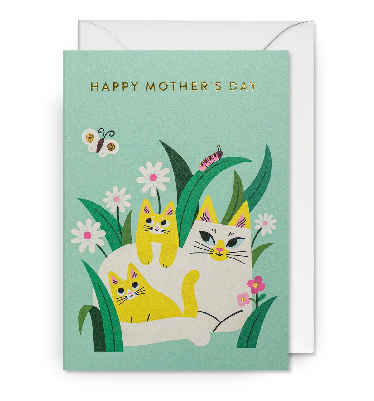 Lagom card: a mother cat with kittens among flowers, with 'Happy Mother's Day' on mint green