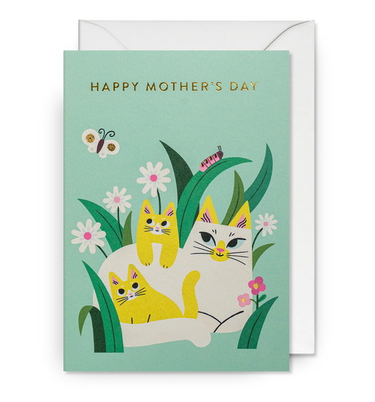 Lagom card: a mother cat with kittens among flowers, with 'Happy Mother's Day' on mint green