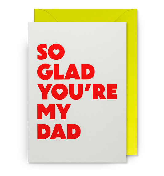 Lagom card: 'So glad you're my dad' in red capitals on white