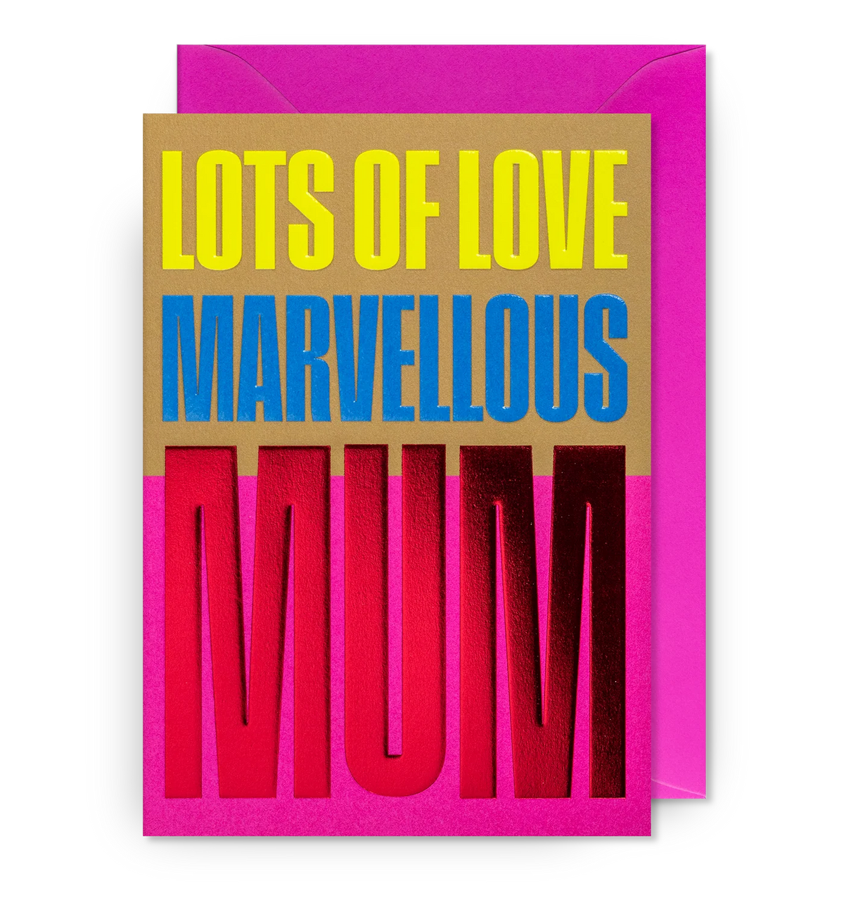 Lagom card: 'Lots of love – Marvellous Mum' in yellow, blue and red on pink