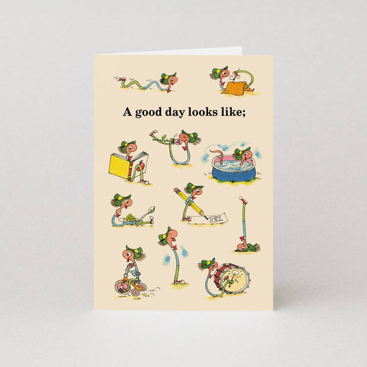 Richard Scarry card with Lowly Worm doing everyday things: A good day looks like;