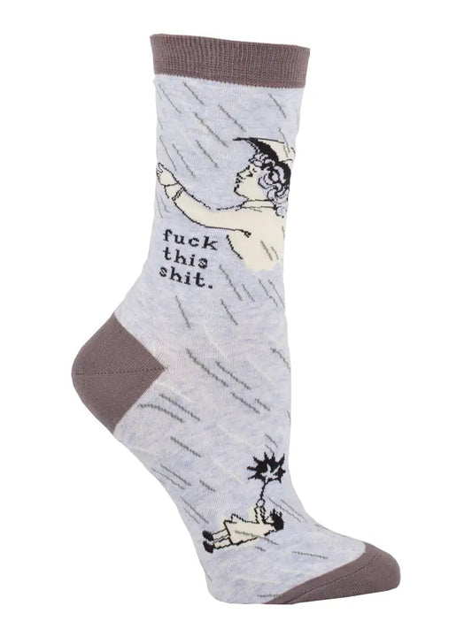 Grey women's socks with a woman under an umbrella in the rain saying: fuck this shit.