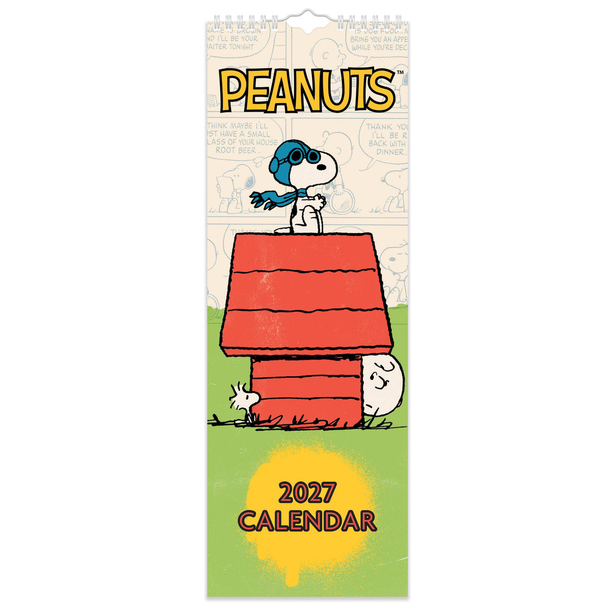Peanuts 2027 slim calendar with Snoopy as the Flying Ace on his kennel