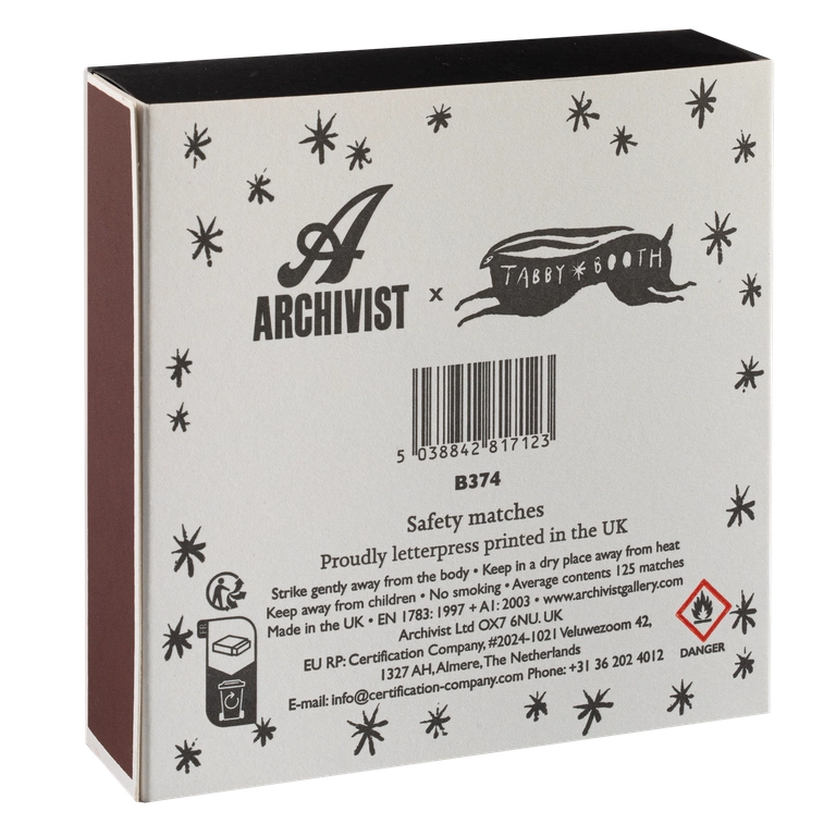 Back of the Moon matchbox: Archivist logo, barcode and safety information on white
