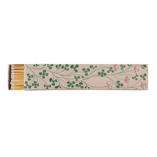 Archivist long matches in a box decorated with clover and pink flowers