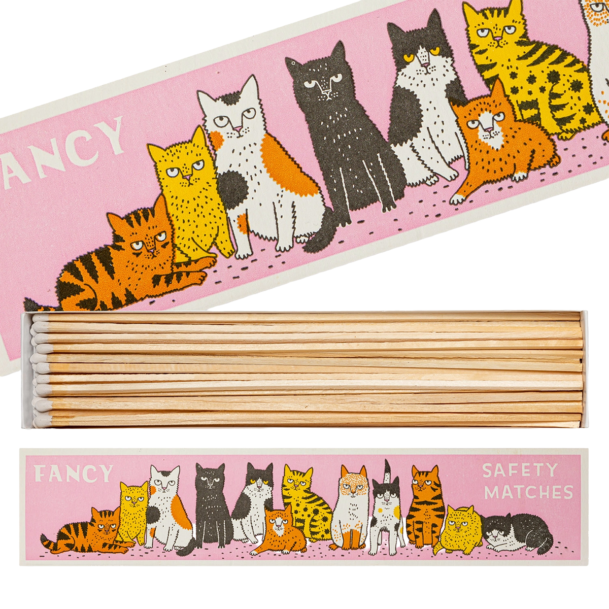 Long matchbox with a row of cats: Fancy safety matches, open to show the matches