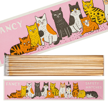 Long matchbox with a row of cats: Fancy safety matches, open to show the matches