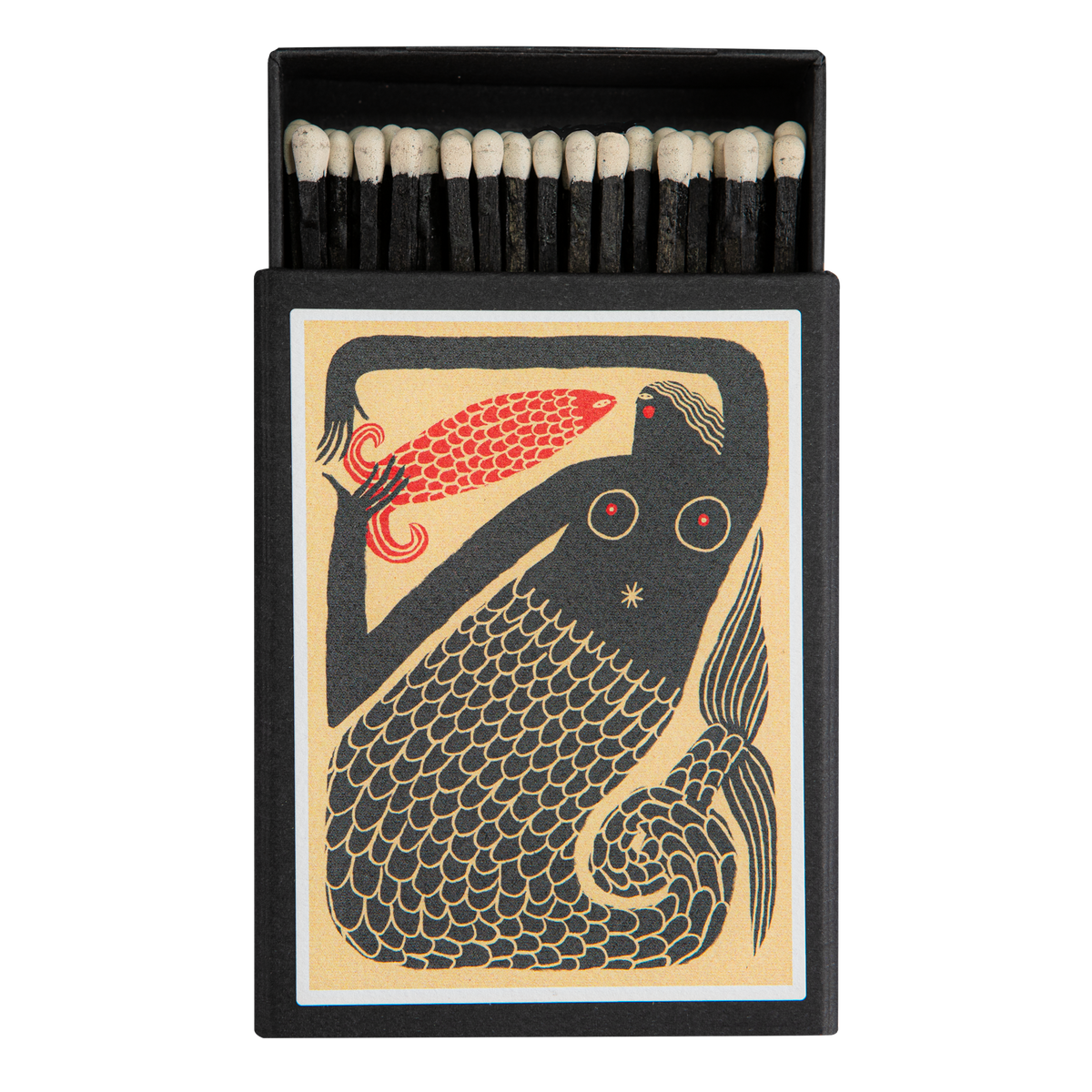 Keepsake matchbox with a black mermaid holding a red fish