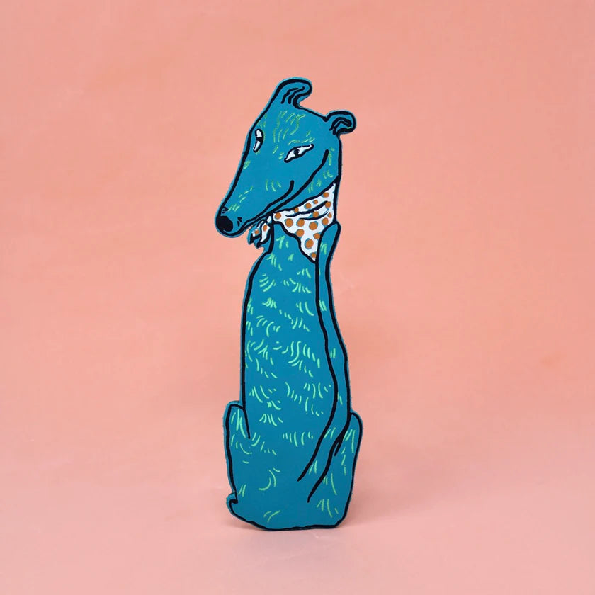 Ark turquoise dog bookmark of a seated greyhound