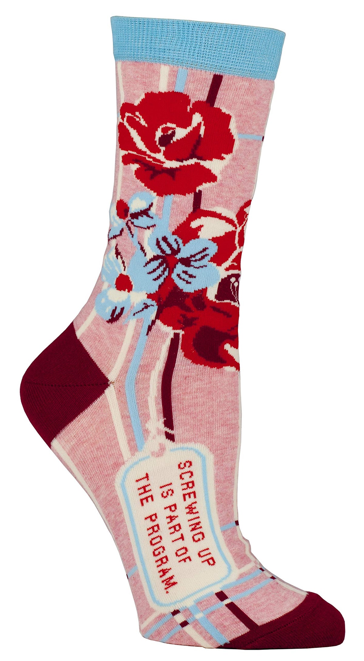 Blue Q women's socks: pink with red roses and 'Screwing up is part of the program'