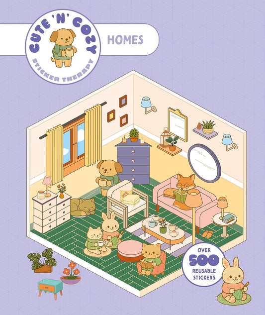 Cute 'N' Cozy Homes sticker book cover: a cosy illustrated living room with a dog, cats, bunnies and a fox, 'Over 500 reusable stickers'