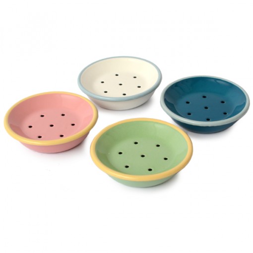 Enamel soap dishes in pink, cream, teal and green with drainage holes