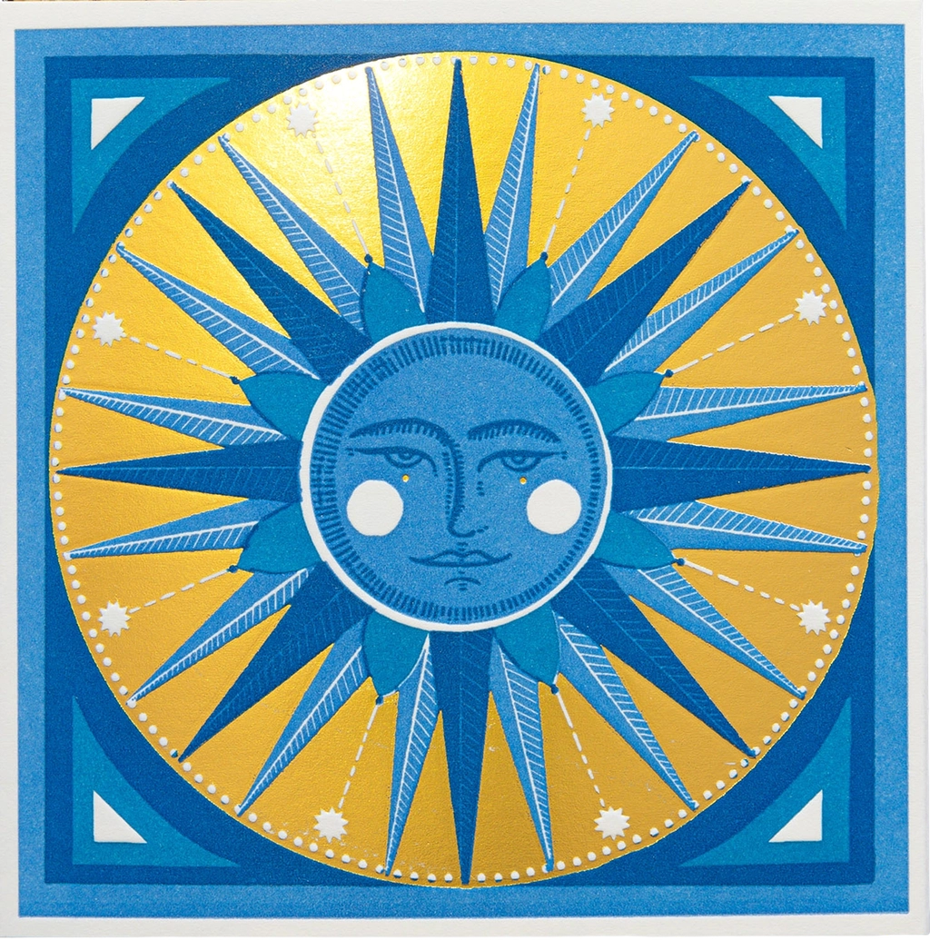 Archivist matches: a blue sun face on a gold sunburst