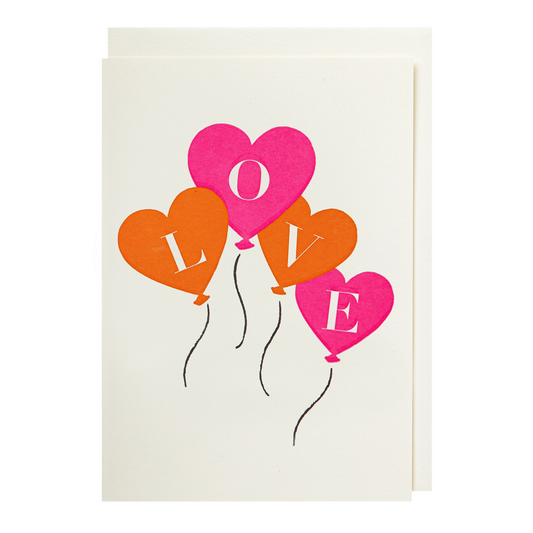 Archivist card: heart-shaped balloons in pink and orange spelling 'Love'