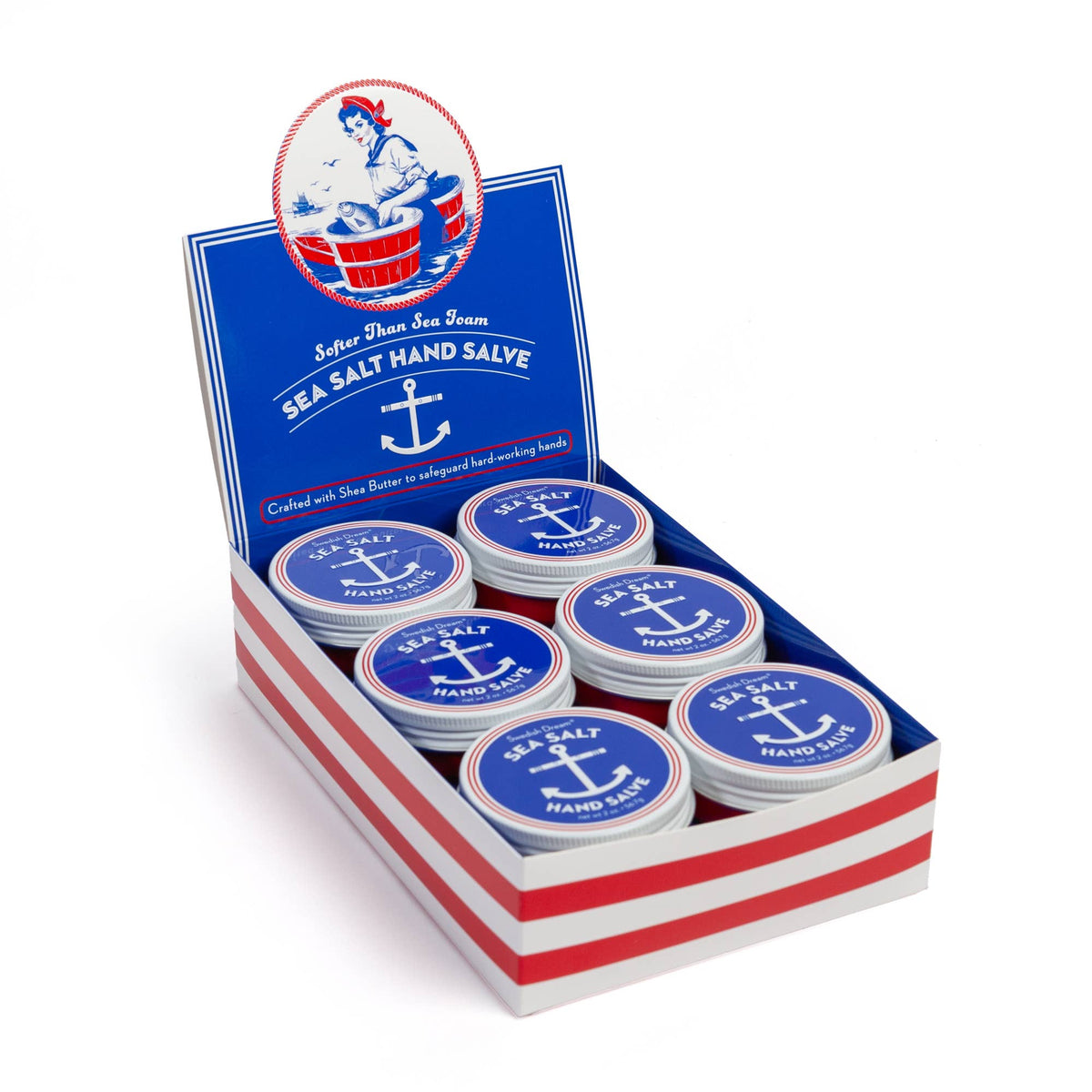 Display box of sea salt hand salve tins