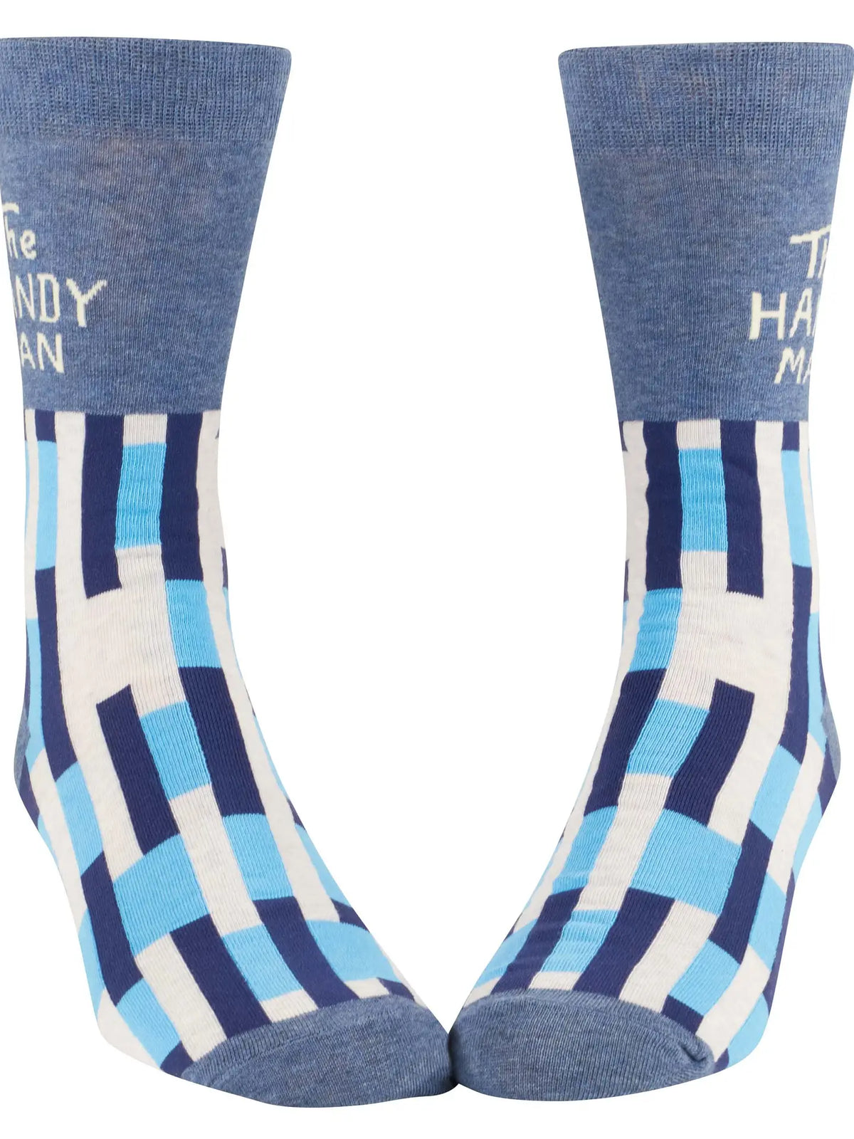 Blue Q men's socks: blue and white check with 'The handy man'