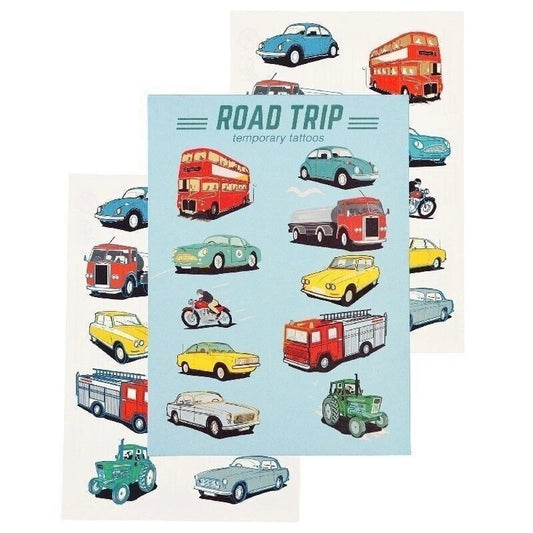 Rex Road Trip temporary tattoos: two sheets of vintage cars, a bus, fire engine and motorbike