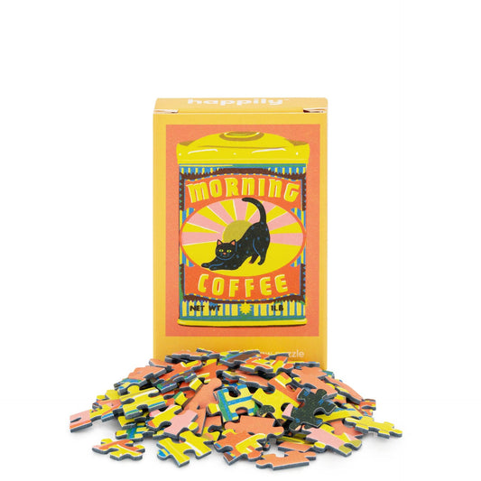Morning Coffee 99 piece mini jigsaw box with a black cat, beside loose pieces