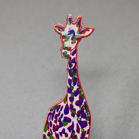 Pale pink leather giraffe bookmark with purple and green patches
