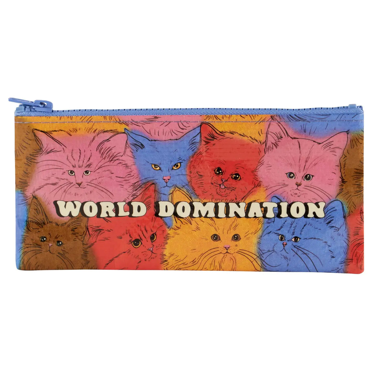 Blue Q pencil case: colourful fluffy kittens with 'World domination'