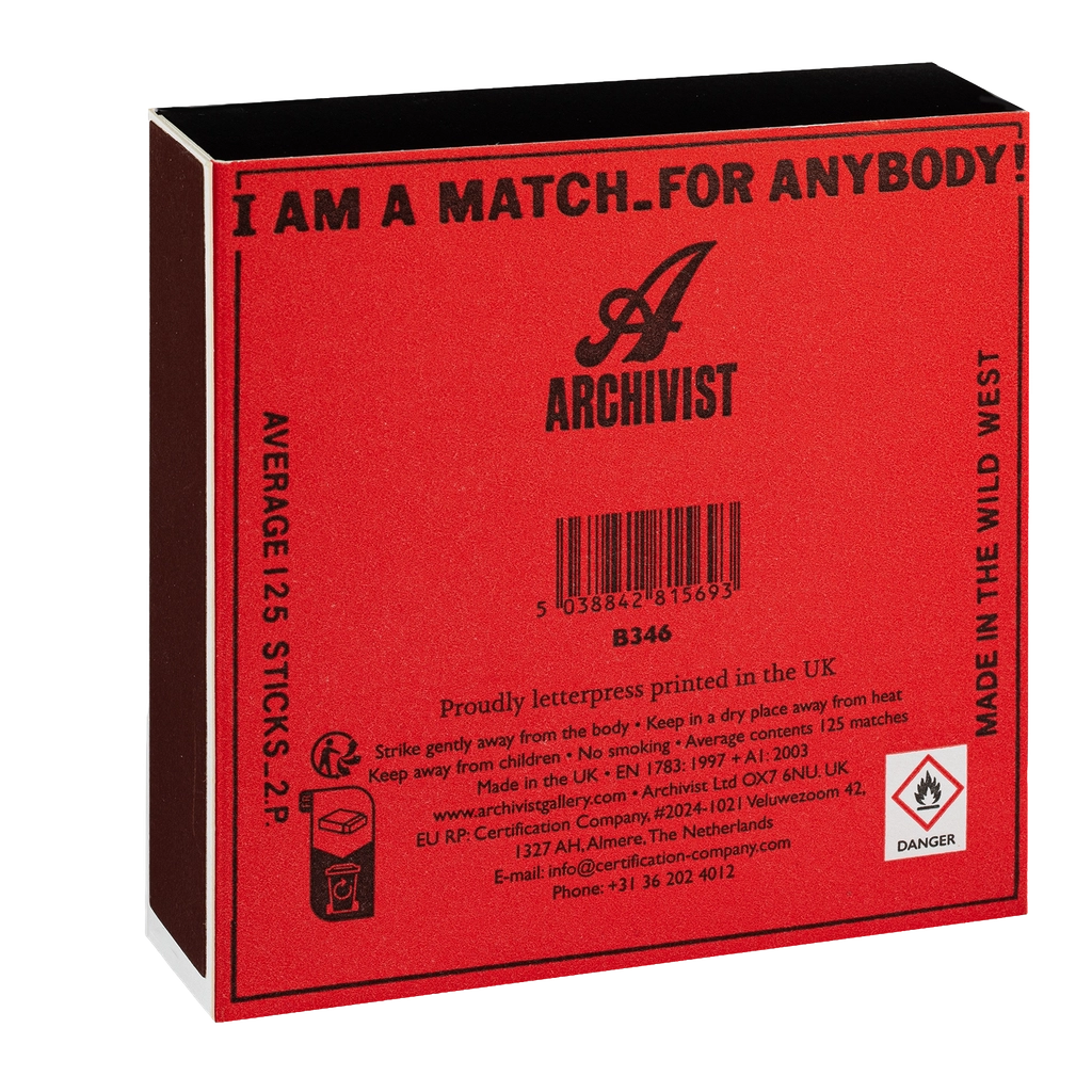 Back of the Cowgirl matchbox with the Archivist logo and safety information
