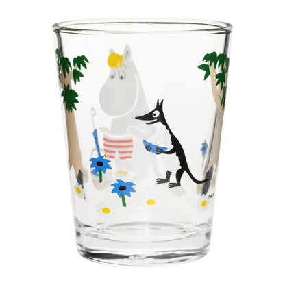 Moomin Going on Vacation glass tumbler: Moomintroll walking with a wolf