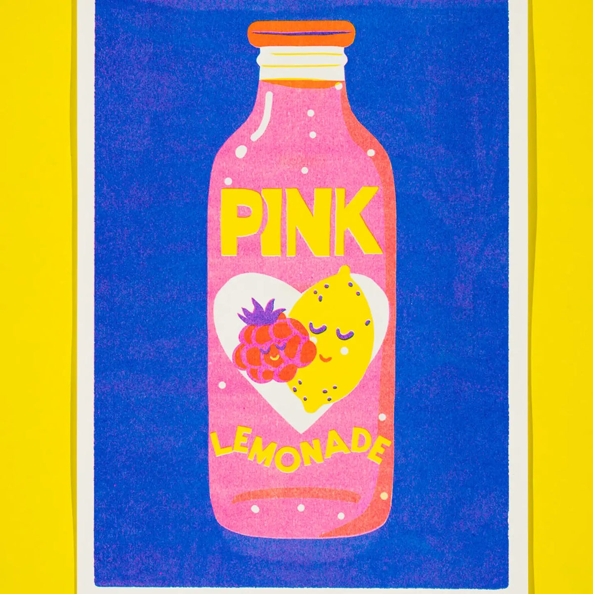 Naomi Wilkinson A4 riso print: a bottle of pink lemonade with a raspberry and lemon hugging, on blue