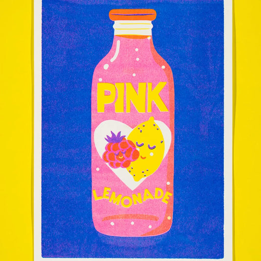 Naomi Wilkinson A4 riso print: a bottle of pink lemonade with a raspberry and lemon hugging, on blue