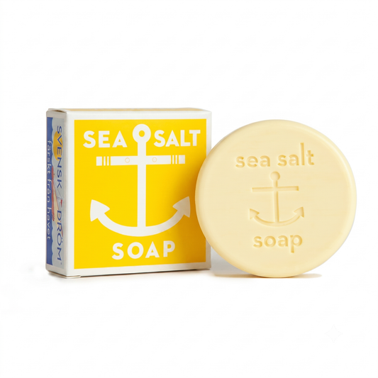 Travel-size Swedish Dream sea salt soap in a yellow anchor box