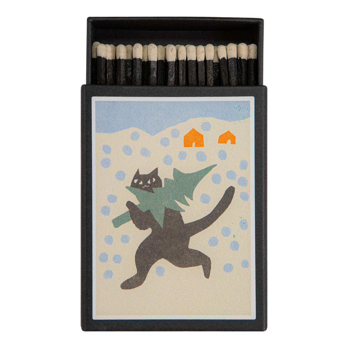 Keepsake matchbox with a cat carrying a Christmas tree in the snow