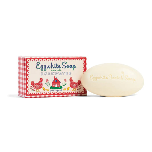 Kalastyle egg white facial soap with rosewater beside its gingham box with hens