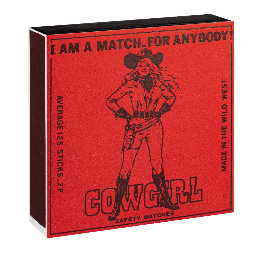 Archivist Cowgirl matchbox in red and black: a cowgirl with 'I am a match for anybody!'