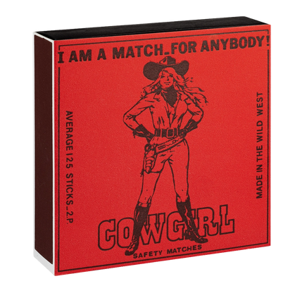 Archivist Cowgirl matchbox in red and black: a cowgirl with 'I am a match for anybody!'