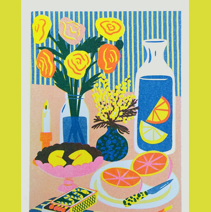 Naomi Wilkinson A5 mini print: a still life of yellow roses, oranges, a carafe and a candle
