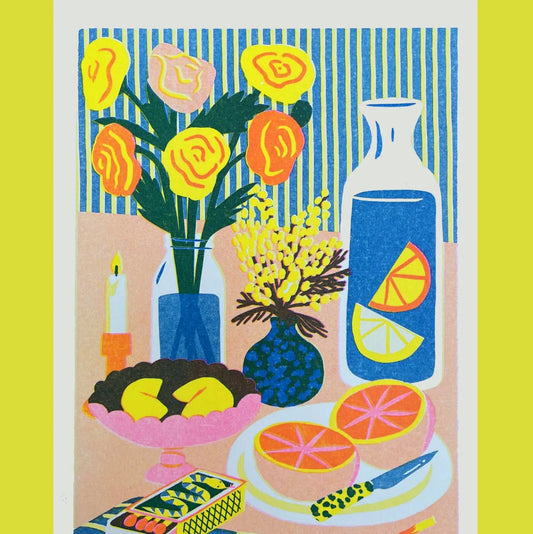 Naomi Wilkinson A5 mini print: a still life of yellow roses, oranges, a carafe and a candle