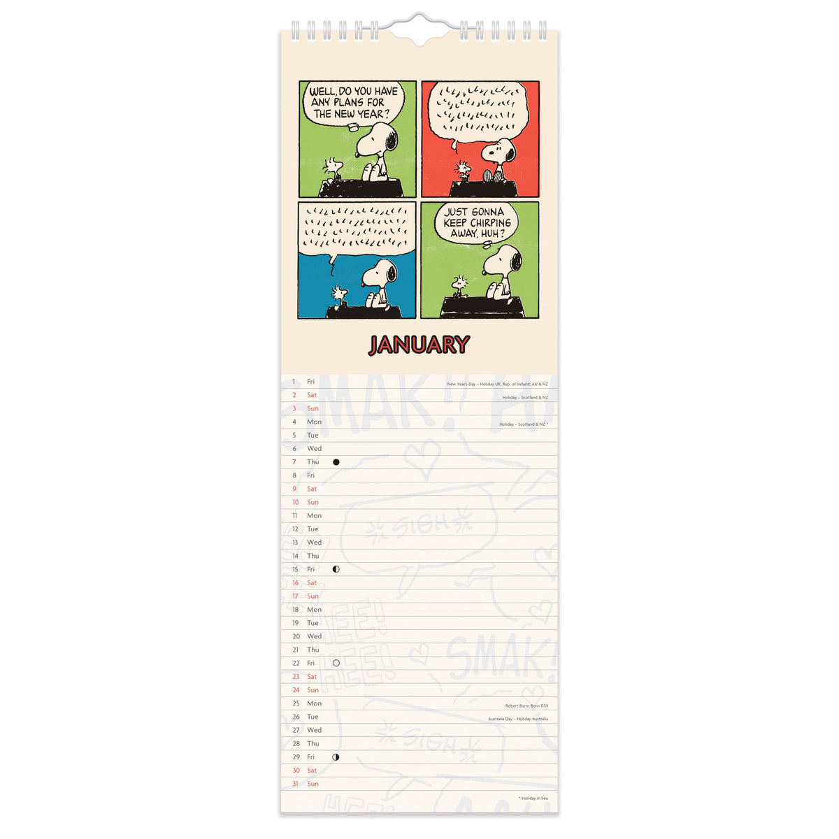 Slim calendar open on January with a comic strip