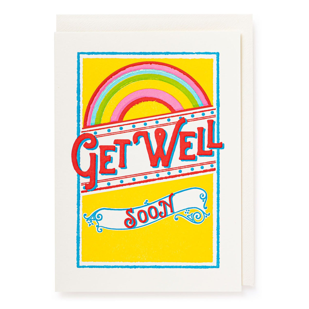 Archivist letterpress card: a rainbow above 'Get well soon' on yellow