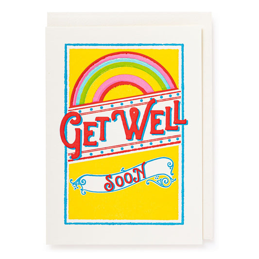 Archivist letterpress card: a rainbow above 'Get well soon' on yellow