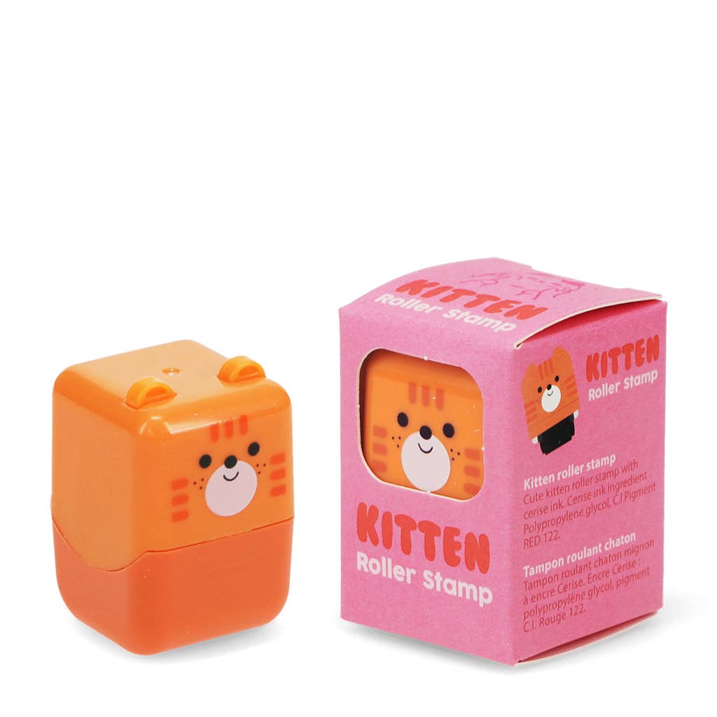 Orange kitten roller stamp beside its pink box
