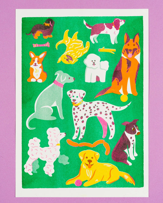 Naomi Wilkinson A3 riso print: lots of different dog breeds on green
