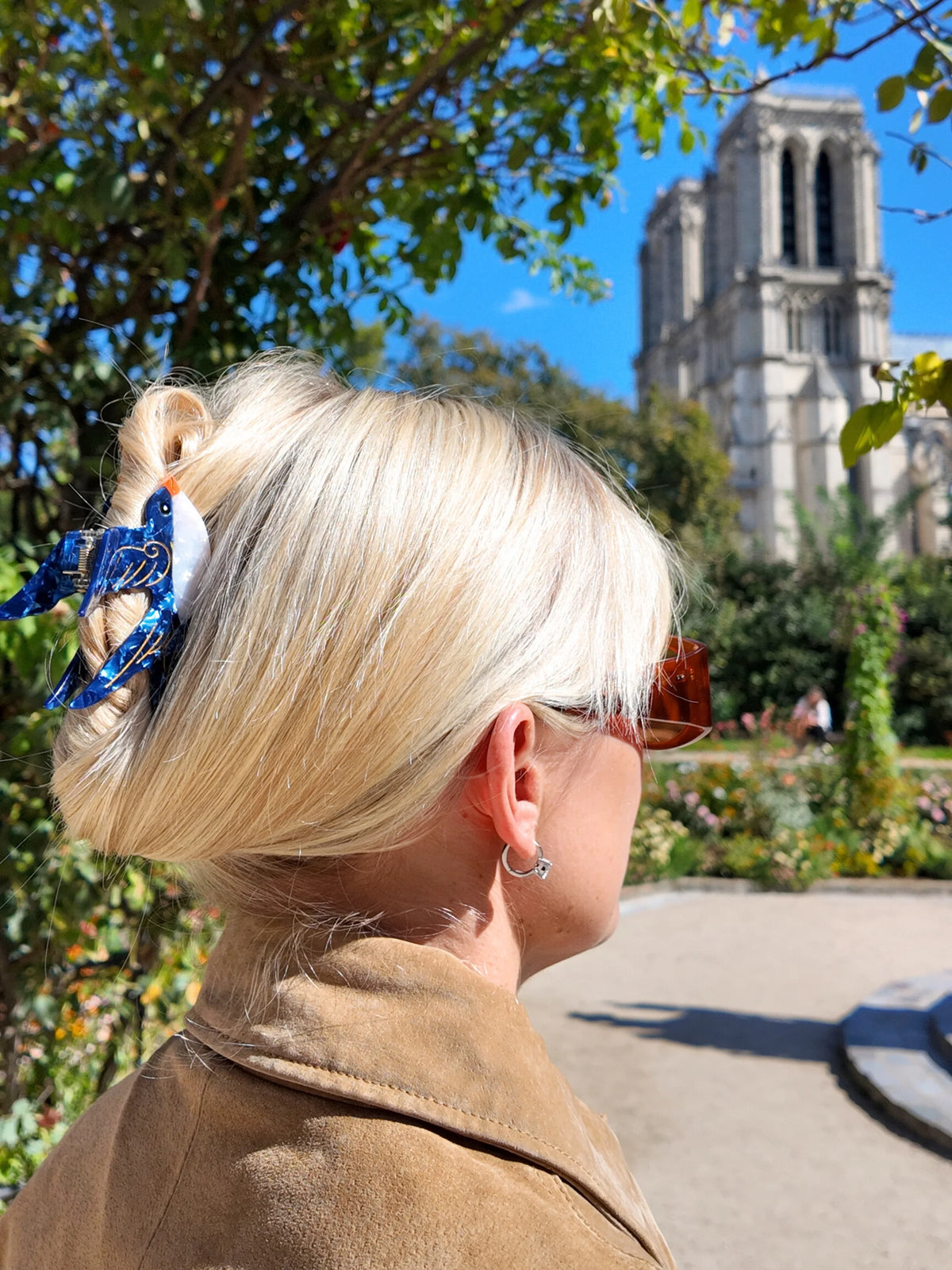 Woman wearing the swallow clip in front of Notre-Dame
