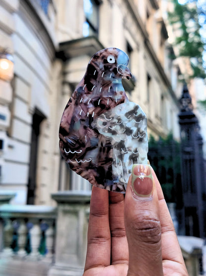 Hand holding up the pigeon hair clip on a street
