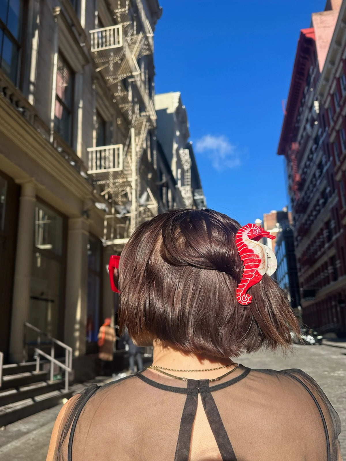 Woman wearing the red seahorse clip in her hair on a city street