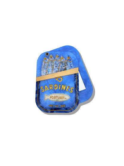 Solar Eclipse hand-painted compact mirror shaped like a blue tin of Portuguese sardines